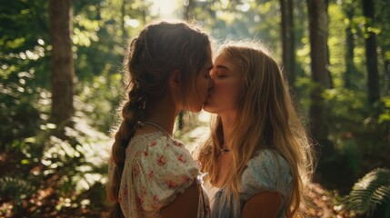 Fototapeta premium Young caucasian females sharing a kiss in sunlit forest.