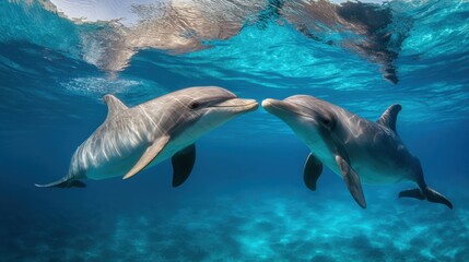 Two dolphins playfully swimming underwater in crystal blue ocean.