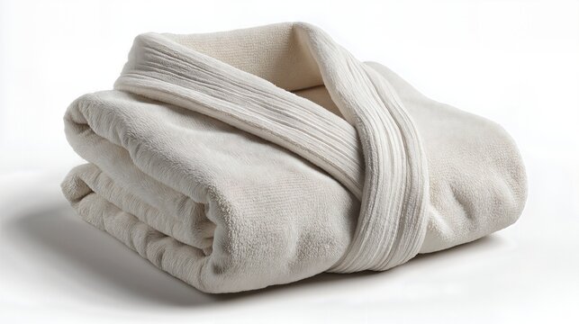 Folded white bathrobe isolated on white background, soft fabric texture and clean spa aesthetic.