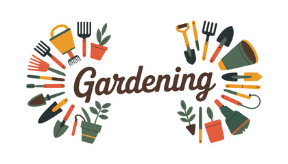 Fototapeta premium Gardening icon illustration with various colorful tools and plants