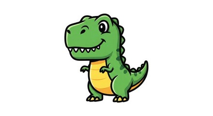 Obraz premium A cartoon green dinosaur with a yellow belly, standing and smiling, on a plain white background, viewed from the side, Whisk concept illustration