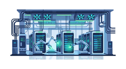 Obraz premium Automated Data Center with AI Robotics and Cloud Servers. Futuristic Technology for Big Data Processing and IT Infrastructure Management. Digital Automation Concept.