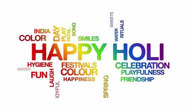 Happy Holi concept Animated Tag Word Cloud kinetic typography, Text Design Animation typography seamless loop video motion graphics Intro Wordart holika festival rainbow type on white background bg 