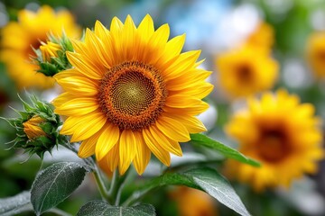 Obraz premium Close up of bright yellow sunflower with blurred background