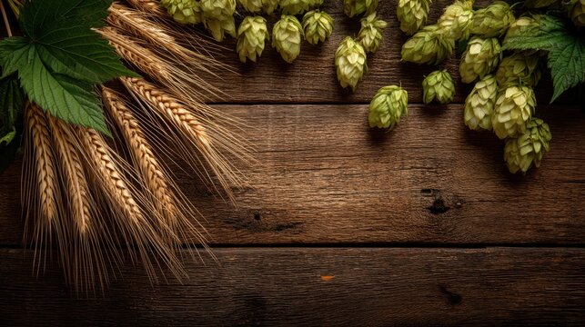 Rustic wooden background with wheat and hops for brewing theme.