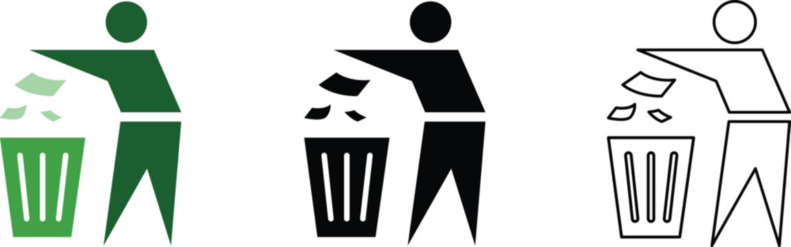 Man throwing trash in dustbin icons set keep clean, symbol isolated on transparent background.