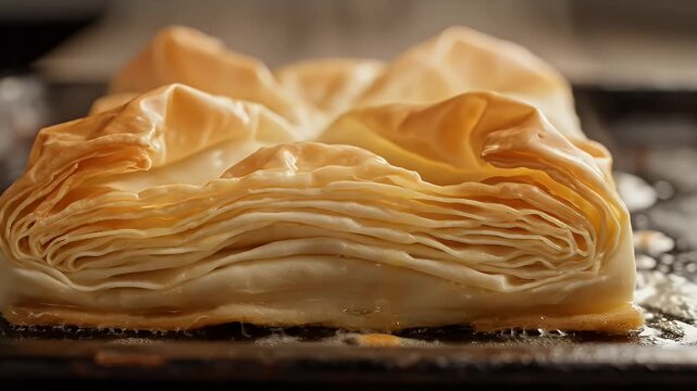 Golden Brown Baked Phyllo Pastry with Creamy Filling Served on a Dark Baking Sheet