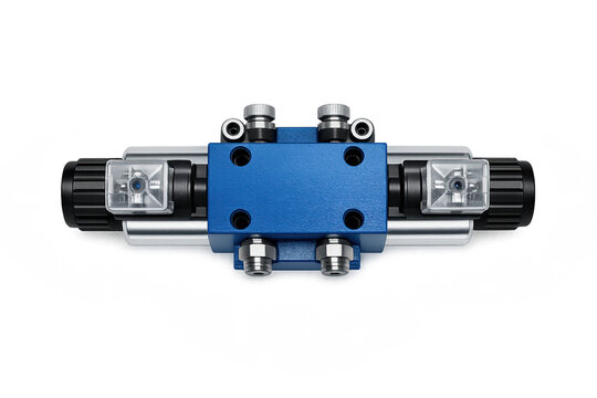Industrial pneumatic solenoid valve with blue anodized aluminum body and silver fittings