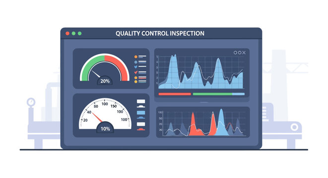 Quality Control Inspection Dashboard with Gauges and Charts for Industrial Performance Monitoring