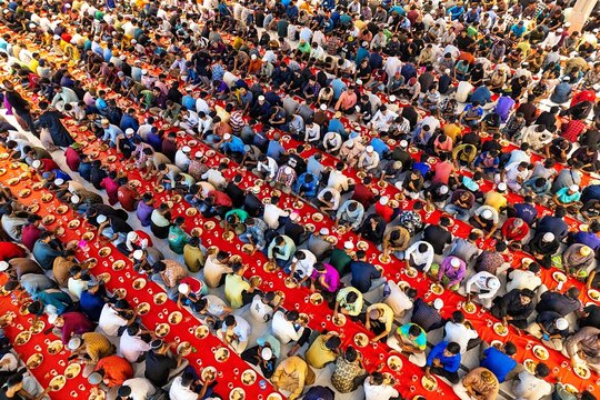 Dhaka, Bangladesh - 25 February 2026: An aerial view shows thousands of worshippers taking part in a mass iftar at Masjid Al Mustafa beside Madani Avenue in the Bhatara area of Dhaka