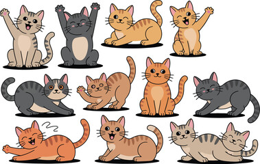 Fototapeta premium A set of cartoon cat illustrations in various playful poses and colors