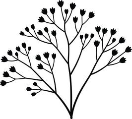 Obraz premium Floral branch silhouette vector illustration, black minimalist blooming tree design, decorative botanical artwork isolated on white background