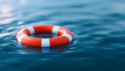 Naklejka premium Floating life buoy drifting on open water surface with dynamic splashes for marine safety campaigns, emergency rescue services concepts, ocean survival training materials or disaster thriller