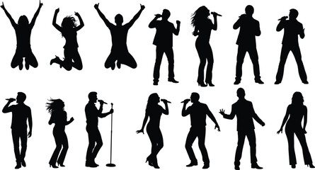 Fototapeta premium Singer, performer, musician, man, artist, vocalist, silhouette, flavector, stage, microphone, suit, concert, music, entertainment, show jazz, pop, rock, song, karaoke,