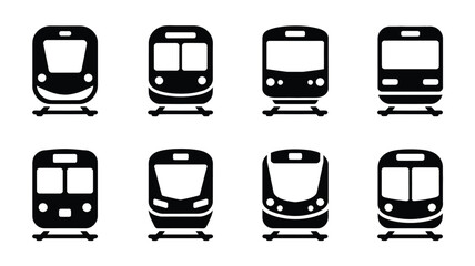 Railway vehicle silhouette icon set with various train front views on white background for transport and travel concepts © Tuli