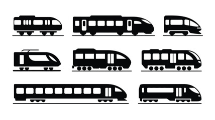 Railway vehicle silhouette icon set with various train types and modern designs on white background for transportation and travel concepts © Tuli