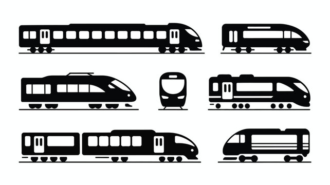 Railway vehicle silhouette icon set with various train types on white background for design and transportation concepts