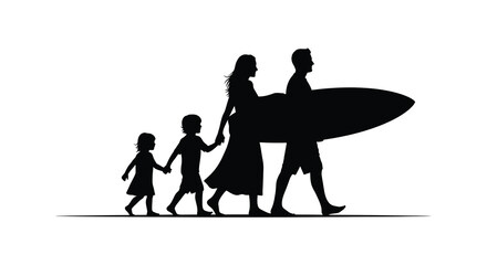 A family of four walks towards the ocean carrying a surfboard depicted as a striking silhouette high quality © nhpvect02