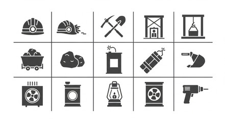 Mining equipment and tools silhouette collection for industry and construction.