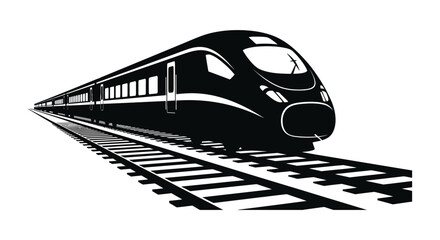 A sleek black train speeds along the tracks depicted in a striking silhouette high quality professional detailed modern
