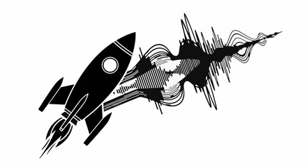 Rocket blasting off with abstract sound waves trailing behind, symbolizing innovation and progress.