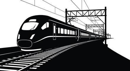A sleek modern high speed train travels along railway tracks depicted in stark black silhouette high quality professional detailed © nhpvect02