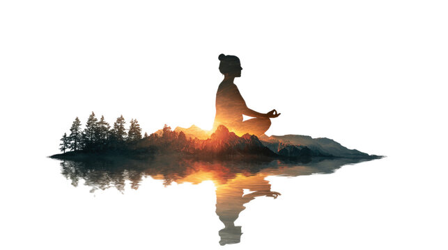 Silhouette of person meditating in yoga pose on mountain landscape, double exposure effect, spiritual practice, inner peace, nature reflection, serene atmosphere, mindfulness