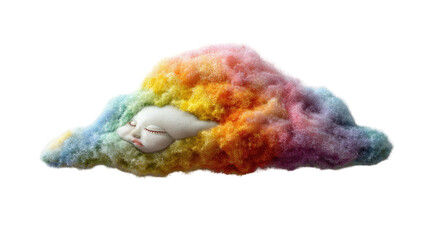 Fototapeta premium Soft rainbow colored sleeping cloud with peaceful face fluffy texture isolated on white background