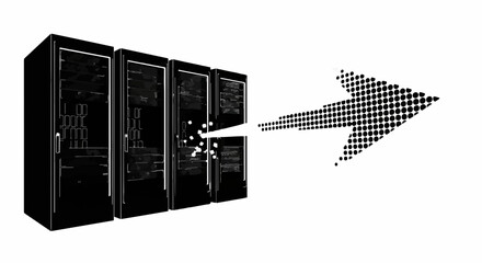 Digital data flow from servers to arrow symbol, representing information transfer and network connectivity.