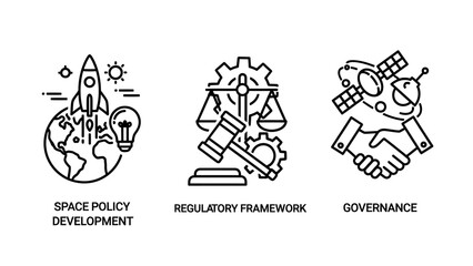 Conceptual icons for space industry governance including policy development, regulatory legal frameworks, and international cooperation agreements.