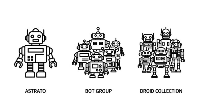 Collection of cute robot character line icons including a single droid, a group of bots, and a large collection of automated machines for artificial intelligence concepts.