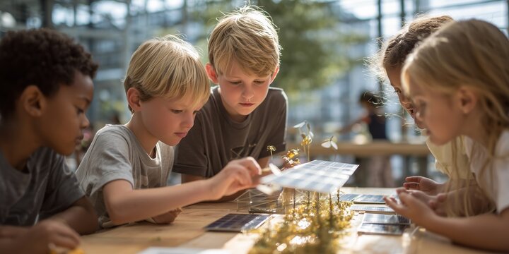 Children explore science projects with models at an indoor learning event in the afternoon