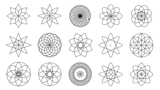 Sacred geometry mandala collection featuring intricate circular floral line art vector symbols set