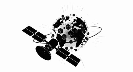 Satellite orbiting a stylized globe with digital connections radiating outwards, symbolizing global communication and technology.