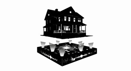 Mysterious dark silhouette of a house hovering above an illuminated, futuristic cityscape.