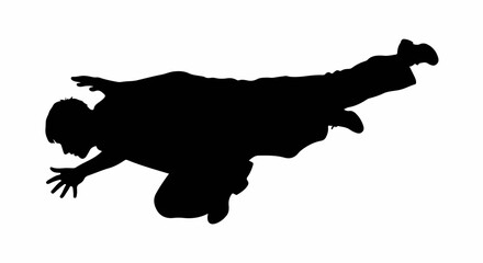 Dynamic silhouette of a person in mid-air, arms outstretched in a powerful pose.