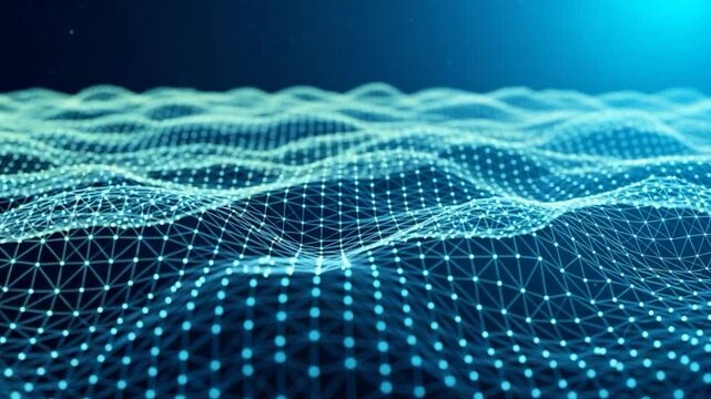 Abstract Network Landscape: An expansive digital panorama of interconnected nodes, forming a dynamic wave-like pattern in a mesmerizing display of technological and scientific progress.