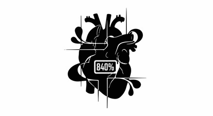 Abstract black heart illustration with digital energy meter showing 84% power