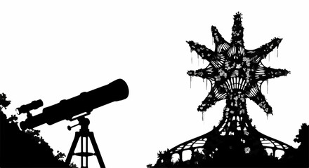 Silhouette of a telescope pointed towards a surreal, alien-like structure under a vast sky