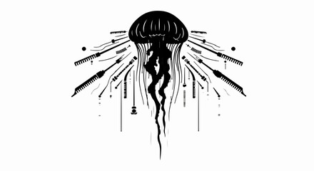 Striking black jellyfish silhouette with intricate technological elements against a white background.