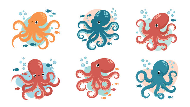 Adorable collection of six diverse cartoon octopus characters in different colors and poses swimming with small fish in a blue ocean.