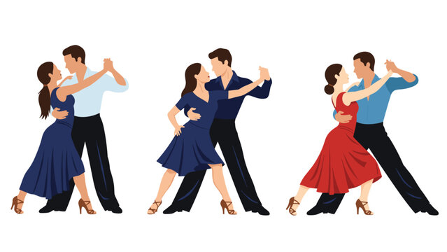 Set of ballroom dancers performing passionate tango moves in elegant outfits for social dance and competition themes.
