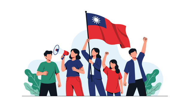 Group of activists holding taiwan flag and megaphone while protesting peacefully for national identity and democracy.