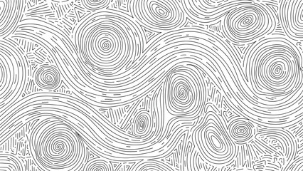 Fototapeta premium Abstract seamless pattern of complex black concentric lines on a white background resembling topographic maps or fingerprints.