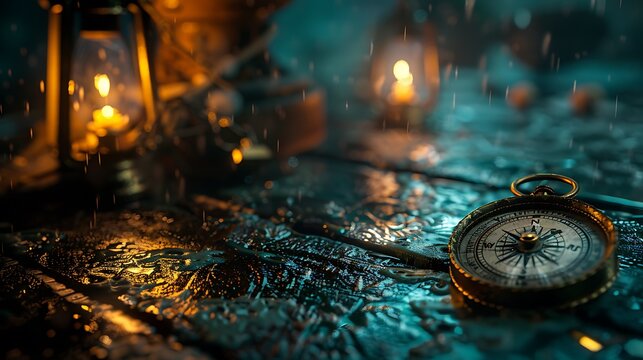 A worn antique compass lies on a wooden table with a lantern in the background on a rainy night, evoking a sense of adventure and navigation through challenging environments.