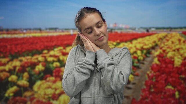 Woman with hands to cheek resting in studio tulip field, eyes closed in sleep pose; quiet rest serenity.