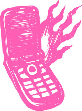 A vibrant pink illustration depicts an open flip phone with jagged flame like lines emanating from its interior creating a dynamic visual high quality professional detailed