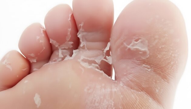 Close-up view of a human foot with peeling skin between the toes and on the sole, athlete's foot, ringworm
