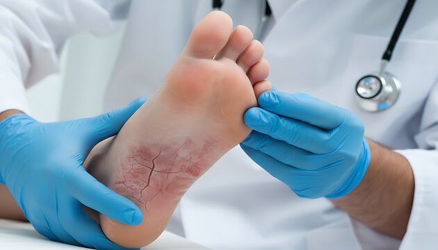 Doctor examining cracked, dry skin on a patient's foot with blue gloves, athlete's foot, ringworm
