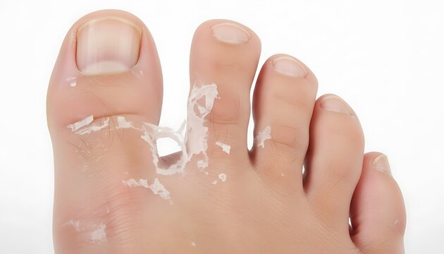 Close-up of a human foot with peeling skin between the toes, indicating dryness or irritation, athlete's foot, ringworm
